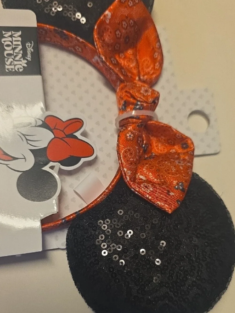 Disney Minnie Mouse Black Sequin Ear Headband with Orange Bow